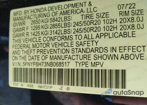 2022 Honda Pilot Awd Black Edition из США, поврежденный, VIN 5FNYF6H73NB068517